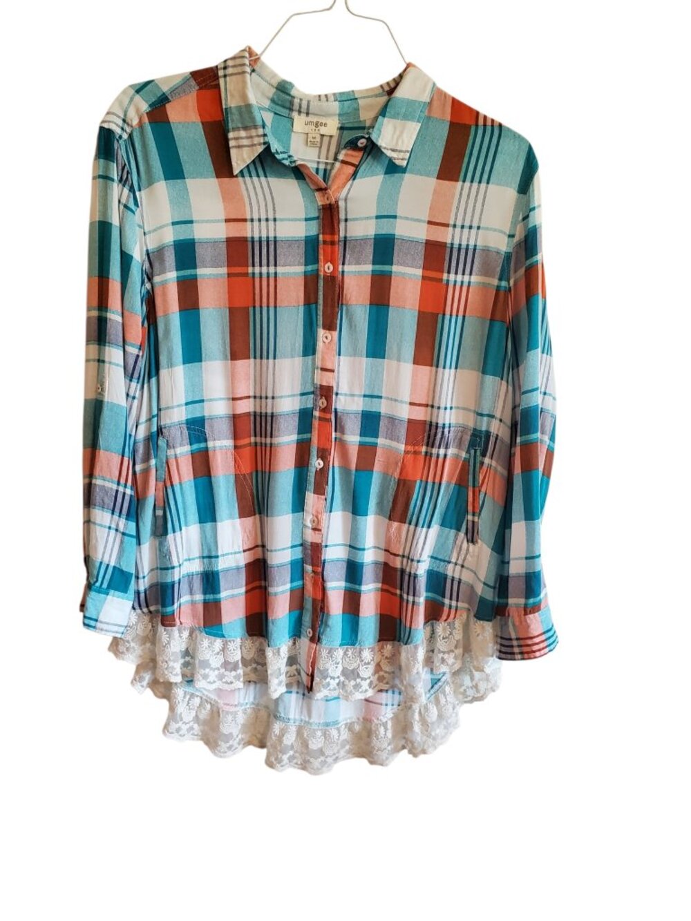 Umgee Plaid Lace Hem Pocket Over Sized Tunic Blouse Medium